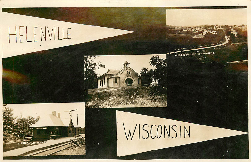 Helenville - Wisconsin - Multi View Real Photograph - RR Depot - School House