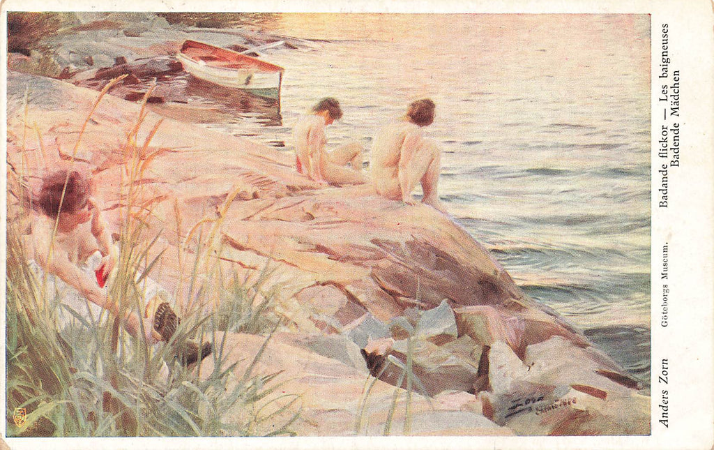 Anders Zorn -  Artist Signed - Women Nude Bathing - lake - boat
