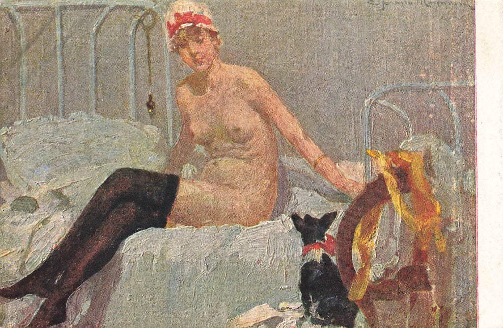 C. Manucci - Artist Signed - Postcard - Nude - stockings - dog - bed