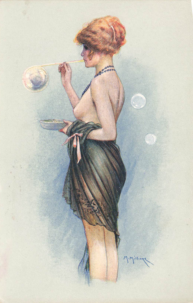 Maurice Milliere = Artist Signed - Nude blowing bubbles - Glamour Postcard