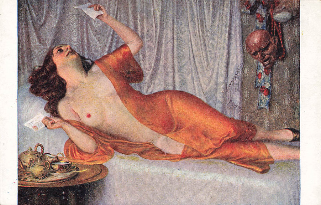 Skala - Artist Signed  - Nude - Orange robe- letter - devil head - Postcard