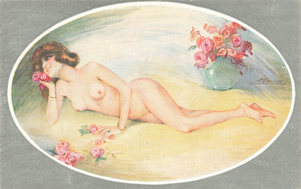 S. Meunier - Artist Signed  - Nude Woman Roses - French Postcard