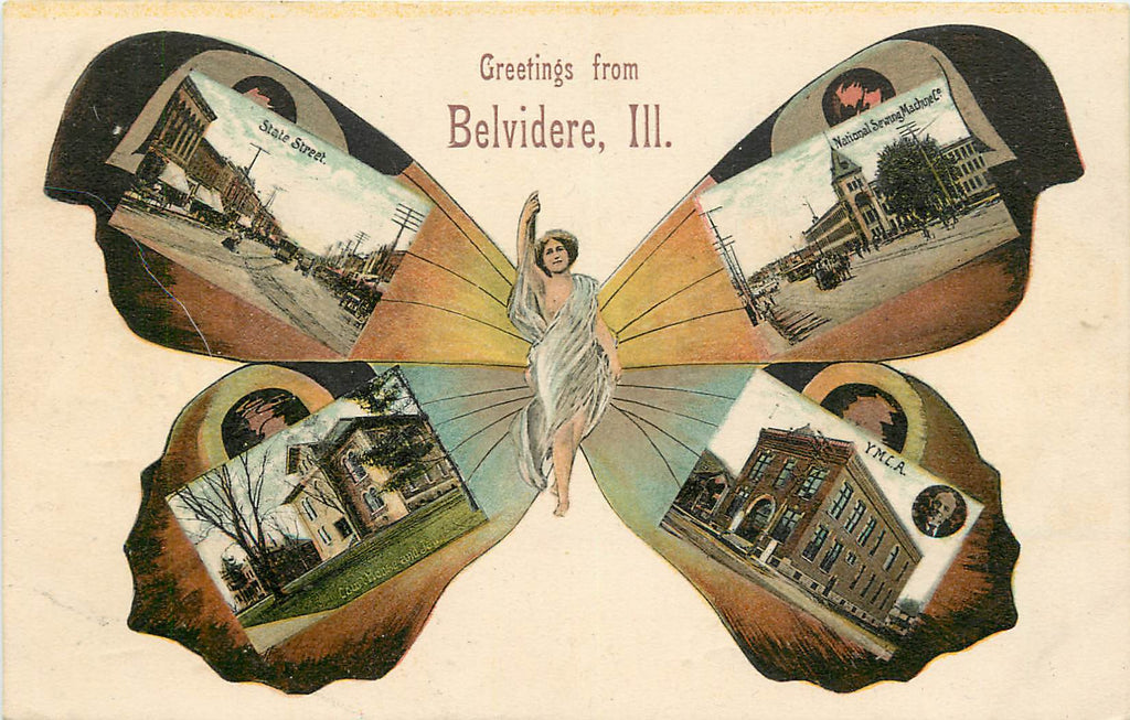 Belvidere Illinois - IL - Butterfly Girl - Multi View Postcard -1908