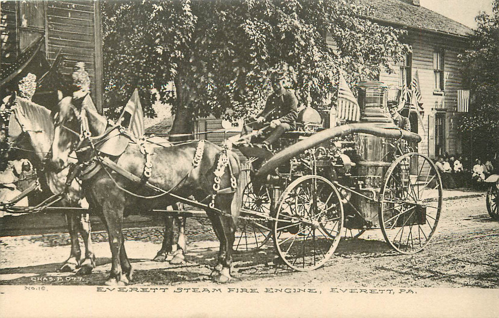 Everett - PA - Steam Fire Engine - Horse Drawn - Albertype - Original Postcard
