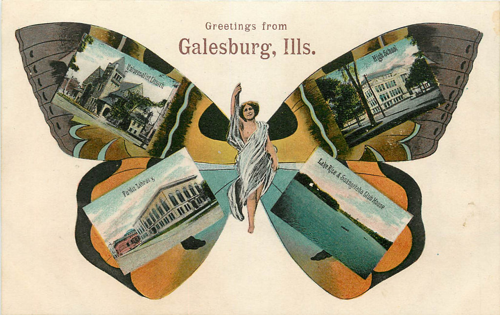 Galesburg Illinois - IL - Butterfly Girl Multi View - Postcard - Original