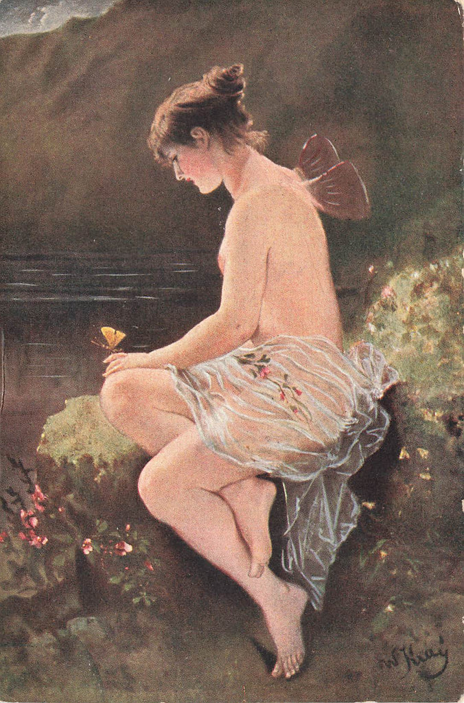 Kraij - Artist Signed - Russian - Nude Fantasy- Psyche am Meere - Butterfly