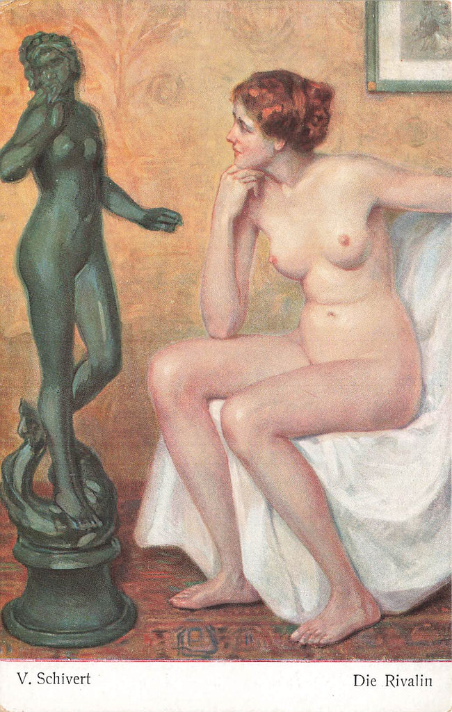V. Schivert - Artist Signed - Nude - Rival Statue - Moderne Meister Postcard