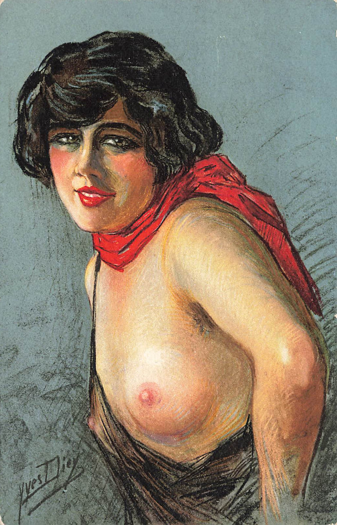 Yves Diey - Artist Signed - Nude woman red scarf - French Postcard