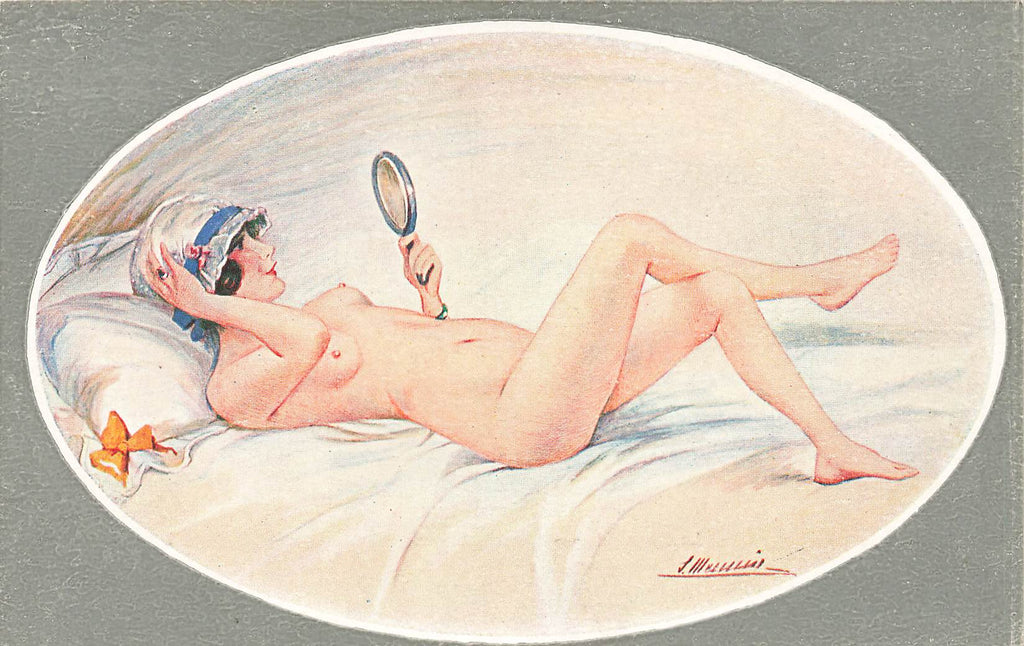 S. Meunier - Artist Signed  - Nude Woman mirror - French Postcard