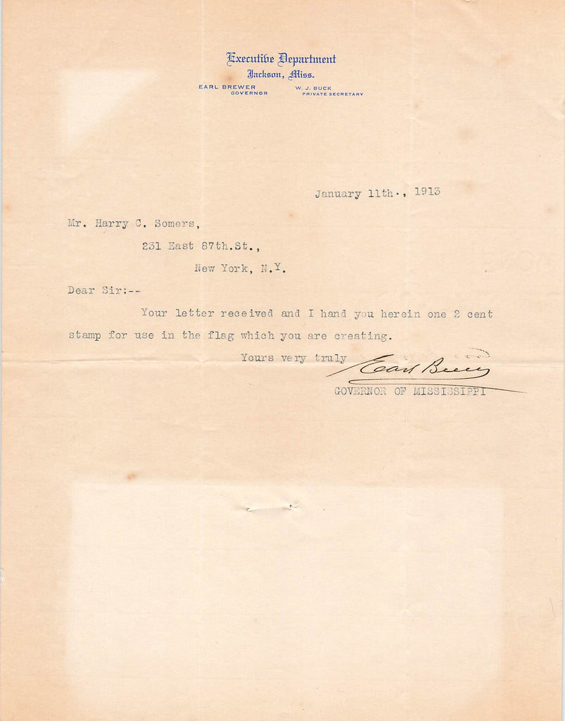 Governor Earl Leroy Brewer - Mississippi -  Brown v. MS - AUTOGRAPH 1913